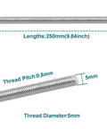 Top Shelf M5 Threaded Rods 250 Millimeter Fully Threaded Stainless Steel Studs with dimensions and specifications displayed.