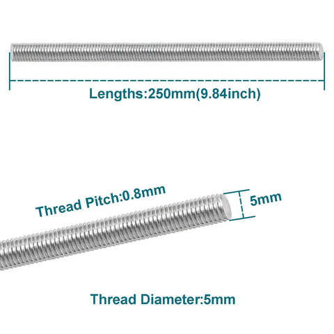 Top Shelf M5 Threaded Rods 250 Millimeter Fully Threaded Stainless Steel Studs with dimensions and specifications displayed.