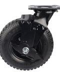 Tough As Nails Eight Inch Pneumatic Rubber Wheel With Flanged Track And Reliable Side Brake Designed For Hotel Luggage Carts And Heavy Daily Work Loads, featuring black mounting plate and side brake.