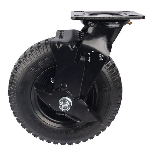 Tough As Nails Eight Inch Pneumatic Rubber Wheel With Flanged Track And Reliable Side Brake Designed For Hotel Luggage Carts And Heavy Daily Work Loads, featuring black mounting plate and side brake.