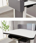 Rock Solid Portable Podium Stand With Quick Tilt Locks And Heavy Duty Casters That Roll Smoothly For Teaching Lectures Boardroom Meetings Church Services And Live Presentations showing top view of white tabletop and drawer.