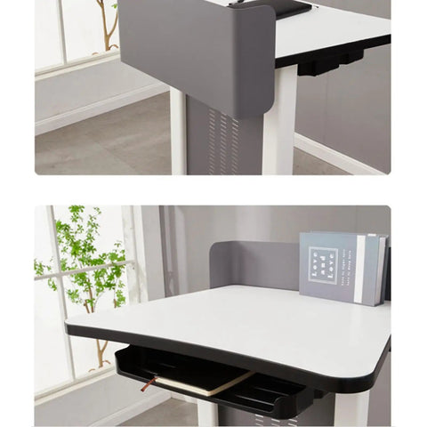 Rock Solid Portable Podium Stand With Quick Tilt Locks And Heavy Duty Casters That Roll Smoothly For Teaching Lectures Boardroom Meetings Church Services And Live Presentations showing top view of white tabletop and drawer.