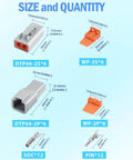 Diagram showing sizes and parts of DTP 2 Pin Waterproof Automotive Connectors Kit, 6 Sets With Size 12 Solid Contacts, 14-12 AWG Wire