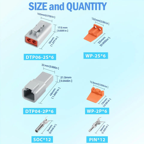 Diagram showing sizes and parts of DTP 2 Pin Waterproof Automotive Connectors Kit, 6 Sets With Size 12 Solid Contacts, 14-12 AWG Wire