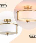 Gold Drum Ceiling Light With White Fabric Shade Semi Flush Mount 13 Inch Dope Modern Fixture on and off view.