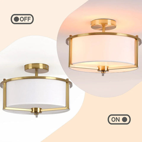 Gold Drum Ceiling Light With White Fabric Shade Semi Flush Mount 13 Inch Dope Modern Fixture on and off view.