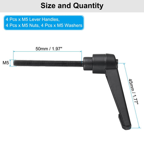4 Piece Lever Adjustable Handles M5 By 50mm Metric Male Thread With Nuts And Washers Level Clamping Handle Set side view