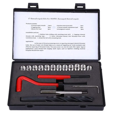 17 Piece Heavy Duty Stainless Steel Thread Repair Kit With Twisted Drill, Tap Wrench And Threaded Inserts For M10x1 Threads