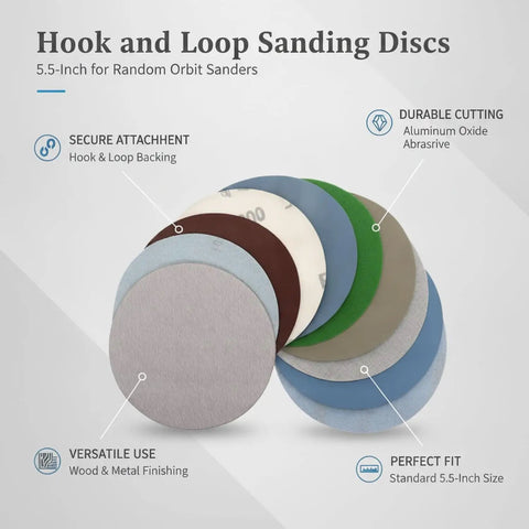 Heavy Duty Aluminum Oxide Sanding Discs With Flexible Backing For Tough Cutting And Smooth Finishes On Wood Metal Or Paint That Resist Tearing And Conform Perfectly To Weird Shapes Without Gunking Up Your Drill Today, assorted colors and 5.5-inch size.