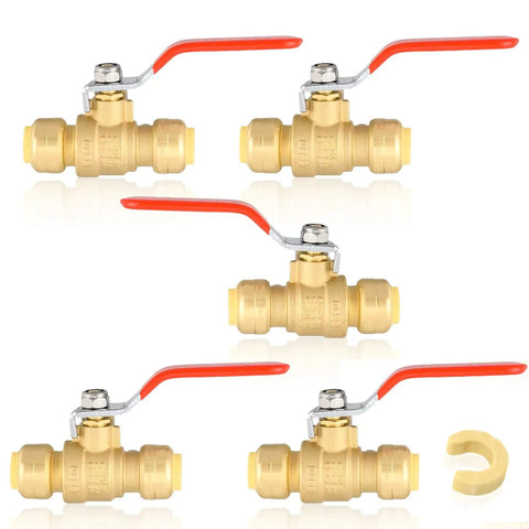 1/2 Inch Push Fit Ball Valve With Drain Full Port Brass Shut Off For Copper PEX CPVC Plumbing Fittings Pack Of 5