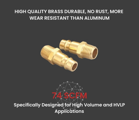 Solid brass quick connect fittings from Pro High Flow Air Coupler and Plug Kit, Fourteen Piece V Style Set, 1/4 Inch NPT.