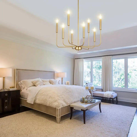 8 Light Modern Chandelier In Gold Finish Farmhouse Candle Style Hanging Light Fixture For Living Room And Dining Room, bedroom view