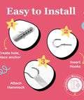 Installation guide showing steps for Two Pack Dope Stuffed Animal Hammock Net For Corner Storage, Plushie Toy Hammock.