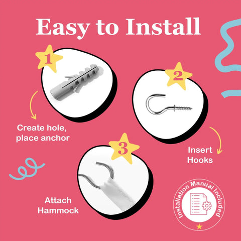 Installation guide showing steps for Two Pack Dope Stuffed Animal Hammock Net For Corner Storage, Plushie Toy Hammock.