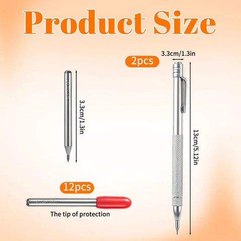 Heavy Duty Tungsten Carbide Scriber Kit With Two No Fuss Etching Pens And Twelve Spare Replacement Tips dimensions showing sizes.