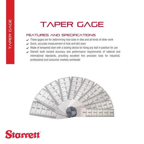 Pro Grade Tempered Steel Taper Gauge With Locking Device Half To One Inch Range Ten Leaves and Specs Displayed