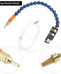 QWORK mist coolant spray system for CNC with blue flexible hose, control valve, and brass/mesh nozzles.