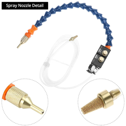 QWORK mist coolant spray system for CNC with blue flexible hose, control valve, and brass/mesh nozzles.