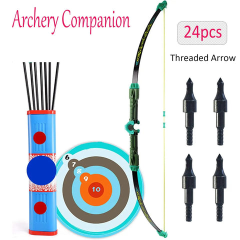 Pack Of 24 100 Grain Screw In Archery Field Points shown with bow, arrow quiver, and target