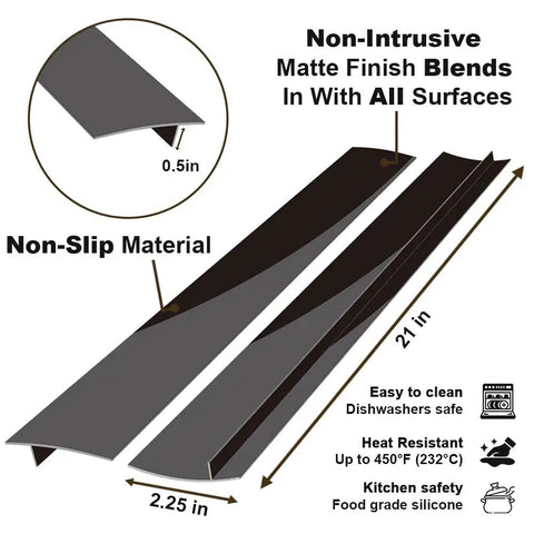 Silicone Kitchen Gap Covers For Stove And Counter Anti Slip Non Tacky Gap Fillers That Seal Spills Between Counter Stovetop Oven And Washer Spillproof 21 Inches Set Of 2 Matte Black showing material and dimensions