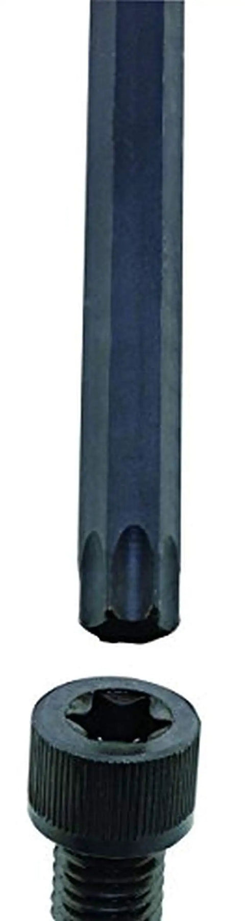 Close-up of a wrench from the Beefy Eight Piece Short Length Star L Wrench Set With Torx T9 To T40 next to a screw.