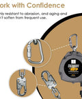 Solid Workhorse Fifty Foot Self Retracting Lifeline Anti Twist Swivel Housing with dual gate hooks for fall protection.