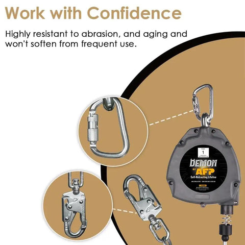 Solid Workhorse Fifty Foot Self Retracting Lifeline Anti Twist Swivel Housing with dual gate hooks for fall protection.