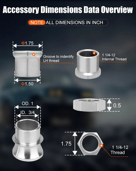 Accessory dimensions for Two Pair One Point Twenty Five Inch Chromoly Steel Heim Joint Rod End Kit with detailed thread specifications.