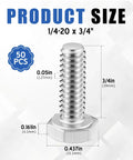 Close-up of 1/4-20 x 3/4 inch stainless steel hex head bolt, fully threaded, shown with dimensions for 50 Pcs pack.