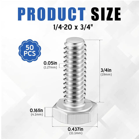 Close-up of 1/4-20 x 3/4 inch stainless steel hex head bolt, fully threaded, shown with dimensions for 50 Pcs pack.