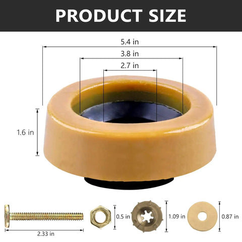 Dimensions of Extra Thick Toilet Wax Ring Kit with Flange and Bolts for Floor Outlet Toilets shown with brass components.