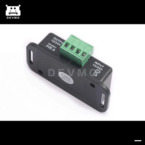 Black Infrared PIR Motion Sensor Switch For LED Lights, 12V-24V DC, 8A Auto On Off, Motion Detect Sensor with visible input/output labels