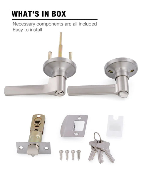 Keyed Entry Door Levers Set For Interior Doors Satin Nickel With Lock And Keys Left Or Right Handed Front Or Bedroom Door Handles Built To Last Heavy Duty All Metal Construction Removable Latch Plate Durable Security Hardware with components displayed including lever, latch, and keys.