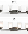 Four Light Dark Bronze Vanity Light With Dual Glass Shades, Hardwired Bathroom Wall Mount, shown with lights off and on.