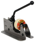 Front view of Amphetamine bearing press and puller for skate wheels; metal base, black L-shaped lever, Taylor-branded roller wheel.