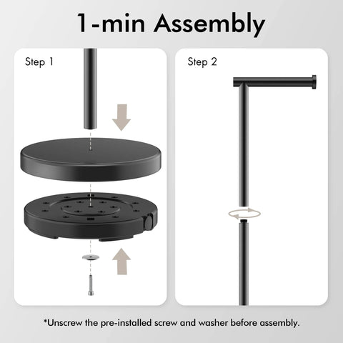 Assembly steps for Freestanding Matte Black Toilet Paper Holder Stand, Rustproof SUS304 Stainless Steel Tissue Roll Holder.
