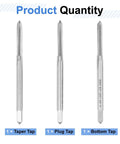 Top Shelf High Speed Steel Hand Tap Set Featuring Taper Plug And Bottoming Styles for 4-48 UNF threads, set includes taper, plug, and bottom taps.