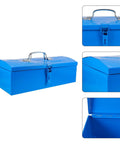 Heavy Duty Blue Metal Toolbox For Mechanics Portable Storage Case With Slick Organizer Layout Tough As Nails Build shown from multiple angles.