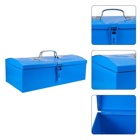 Heavy Duty Blue Metal Toolbox For Mechanics Portable Storage Case With Slick Organizer Layout Tough As Nails Build shown from multiple angles.
