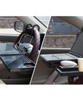 Foldable Steering Wheel Desk For Tesla Cybertruck With Expandable Dual Surface Laptop Stand And Smooth Slide Out Tray in car with laptop and drink.