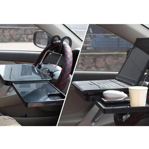 Foldable Steering Wheel Desk For Tesla Cybertruck With Expandable Dual Surface Laptop Stand And Smooth Slide Out Tray in car with laptop and drink.