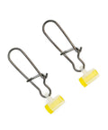 Sinker Slide Fishing Sliders With Sliding Sleeve Stainless Steel Duo Lock Snap 220LB Pro Grade Fish Finder Rig Quick Change Clips 20 Pack For Freshwater And Saltwater, close-up view of stainless steel snaps with yellow sliding sleeves.