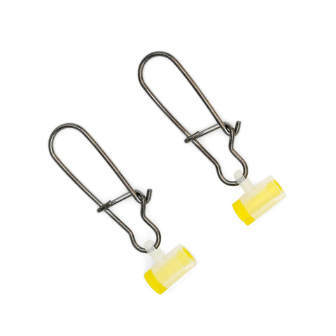 Sinker Slide Fishing Sliders With Sliding Sleeve Stainless Steel Duo Lock Snap 220LB Pro Grade Fish Finder Rig Quick Change Clips 20 Pack For Freshwater And Saltwater, close-up view of stainless steel snaps with yellow sliding sleeves.