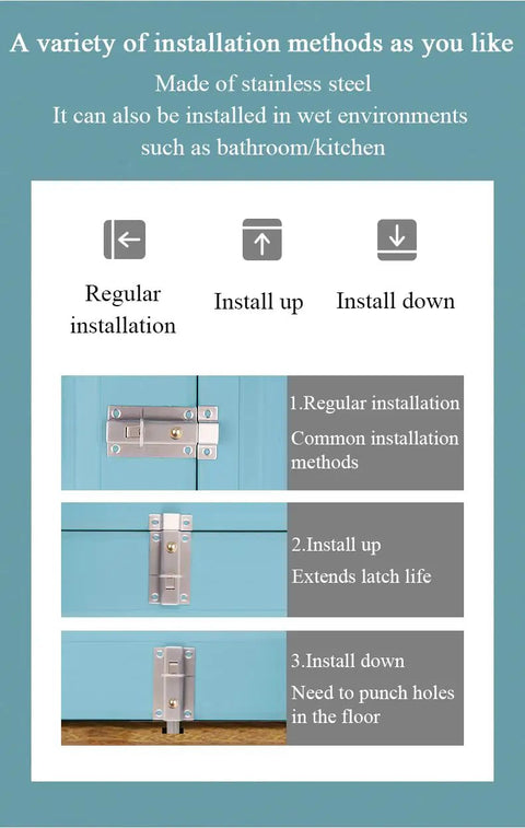 Heavy Duty Stainless Steel Gate Latch Rock Solid Sliding Spring Barrel Bolt With Brass Push Button, installation methods displayed.