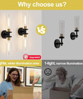 Comparison of Black And Gold Wall Sconces Set Of Two With Thick Clear Glass Shades Modern Bathroom Lighting, showcasing 2-light vs 1-light usage.