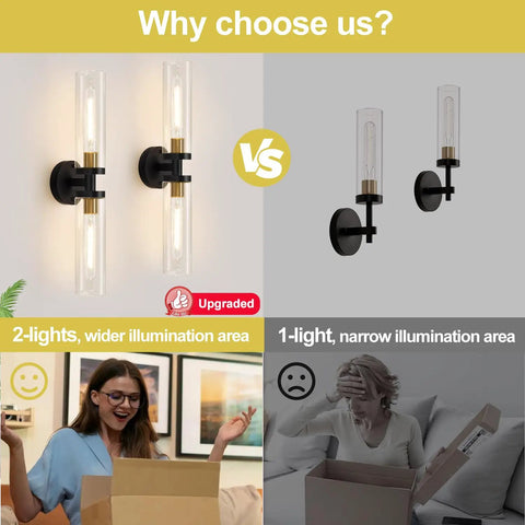 Comparison of Black And Gold Wall Sconces Set Of Two With Thick Clear Glass Shades Modern Bathroom Lighting, showcasing 2-light vs 1-light usage.