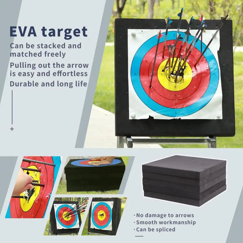 Backyard Archery Target For Adults EVA Foam 20x20x2 Inch Block For Bows Up To 50 Lbs with target paper and arrows displayed