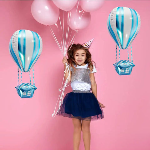 4D Hot Air Balloon Mylar Foil Balloons 35 Inch Blue 4 Pack Helium Floating Decorations for Kid's Birthday with Girl in Party Hat