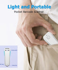 Pocket Sized Wireless Barcode Scanner Bluetooth 1D 2D Reader For POS, white, handheld, inserted into pocket, lightweight design.