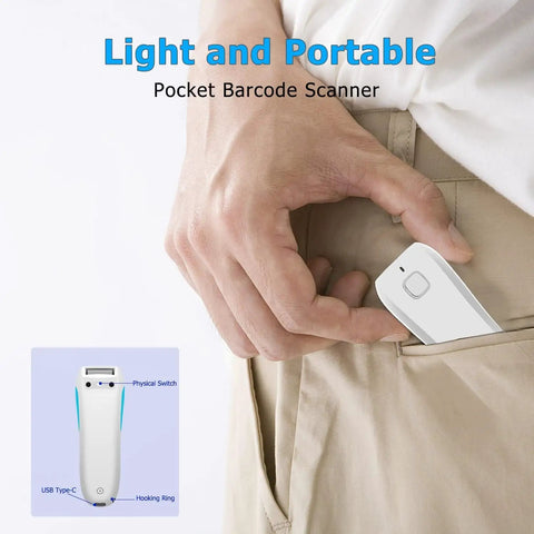 Pocket Sized Wireless Barcode Scanner Bluetooth 1D 2D Reader For POS, white, handheld, inserted into pocket, lightweight design.